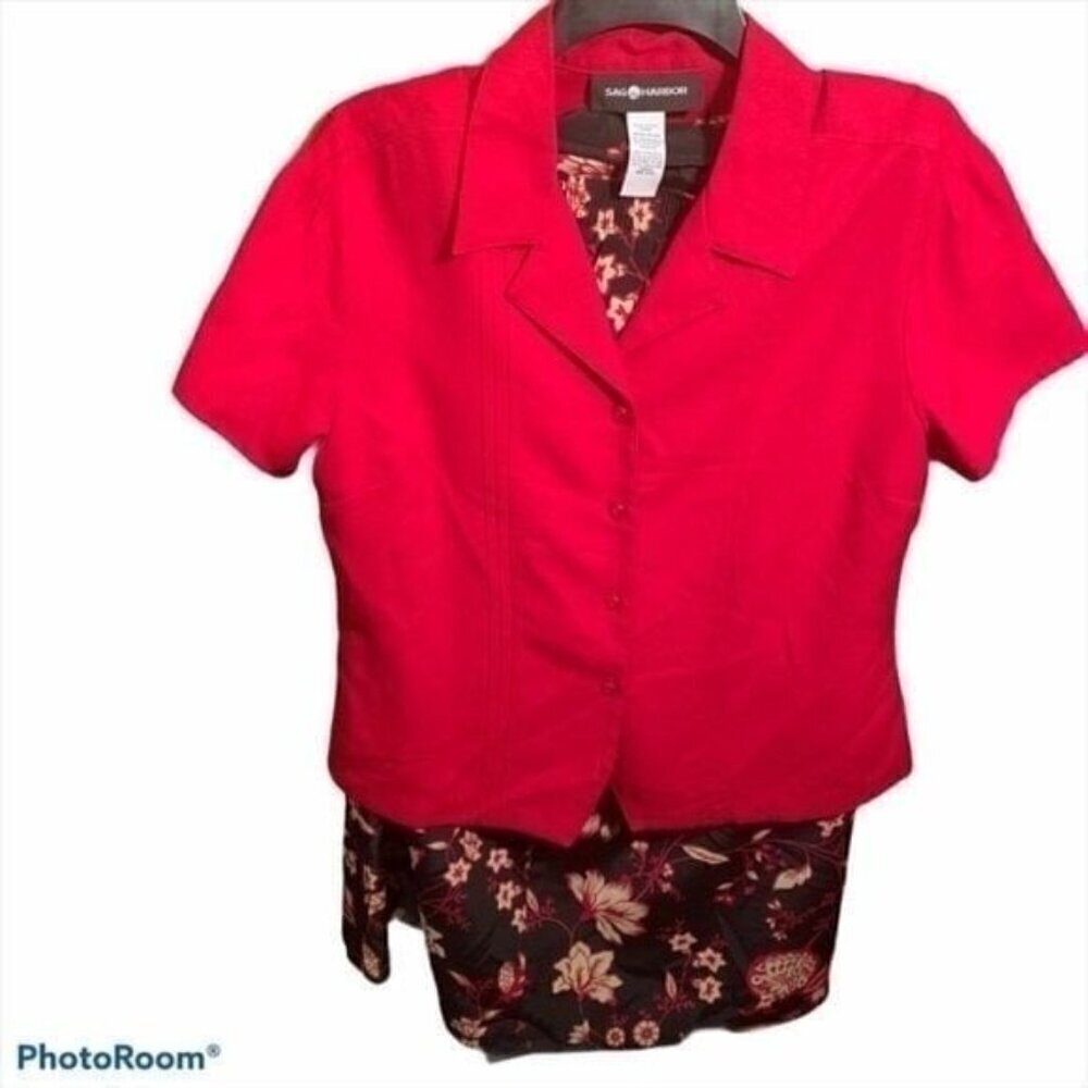 Sag Harbor Women's Size Medium Petite Skirt Set Red Black Floral Short Sleeve